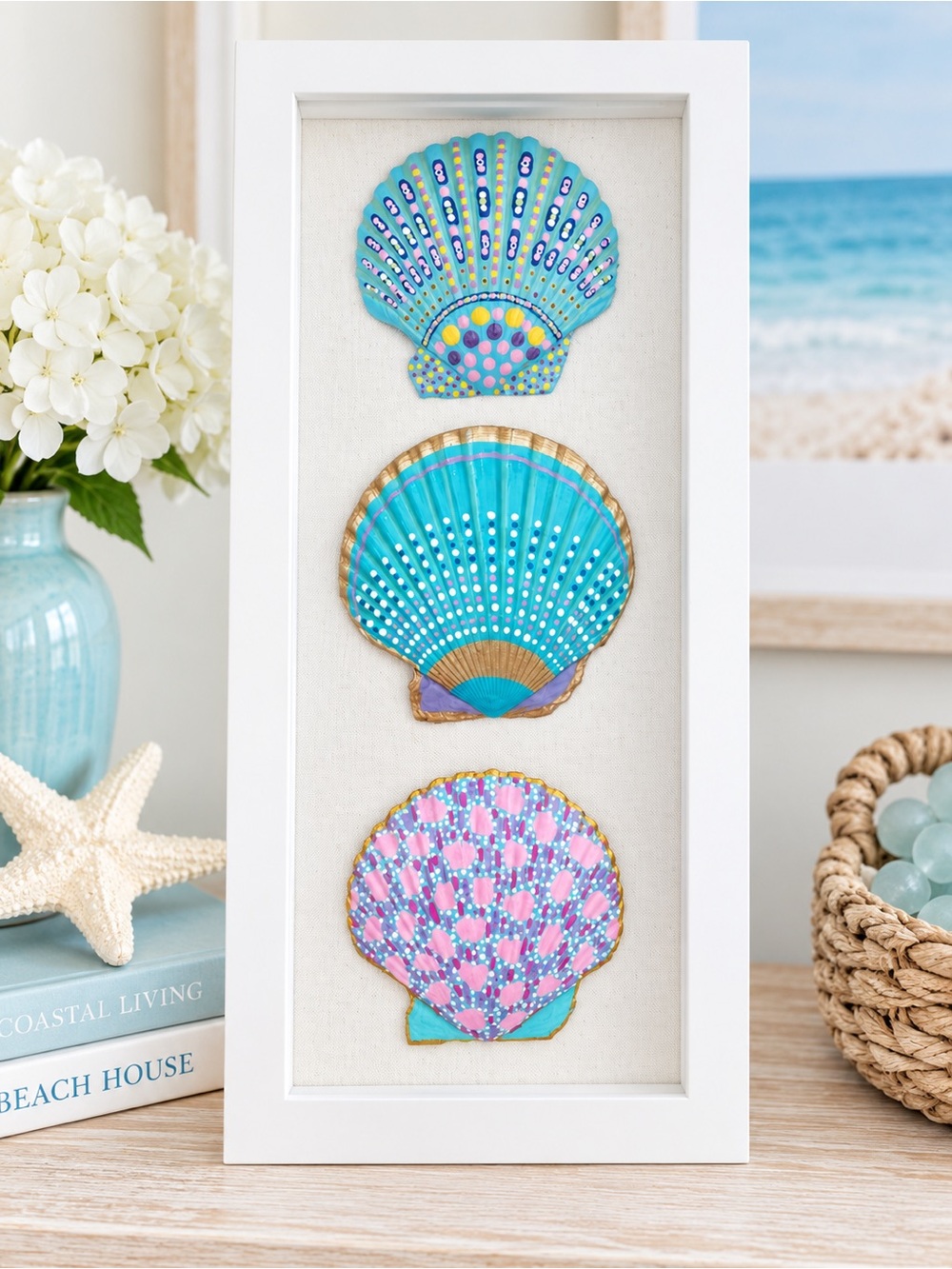 Framed Coastal Shell Wall Art in Aqua, Teal and Pink